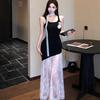 Three-dimensional Flower Black Suspender Dress Women's Summer Pure Desire Sweet Spice Girl Waist Hip Mesh Splicing Holiday Dress