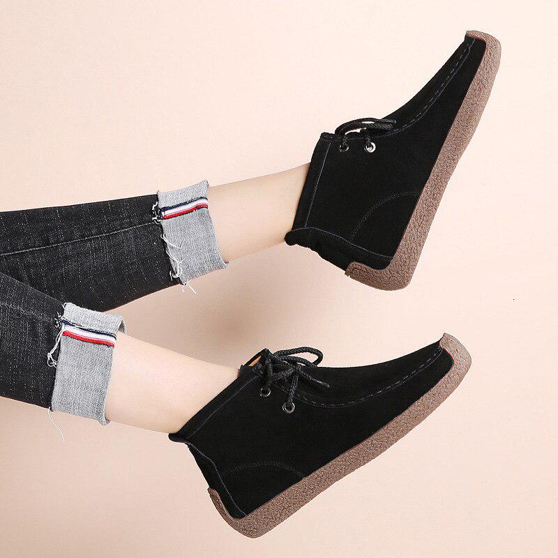 Women Cow Suede Leather Boots Warm Comfort Soft Flat Shoes Lace Up Ladies Martin Short Boots