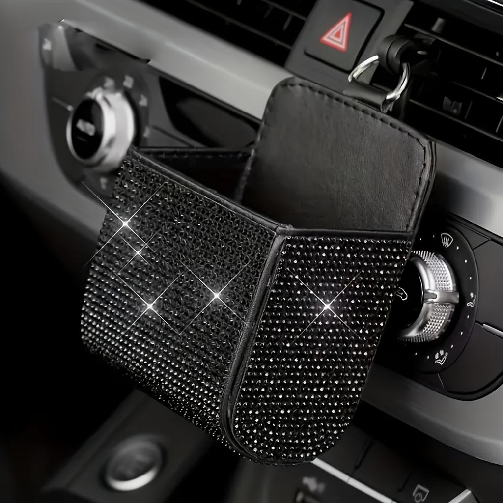 1pc Bling Car Air Vent Storage Bag, Faux Leather Rhinestone Organizer, Vehicle Cup Holder Accessory, Universal Fit, Sparkling Auto Interior Decor
