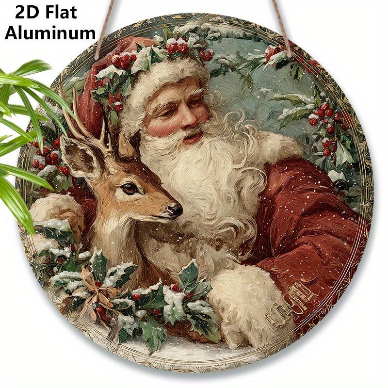 

2D Flat Aluminium Rustic Christmas Sign with Santa Claus & Elk Pattern - Artistic Figurine Ornaments - Ideal for Front Door, Wall, Porch, Window 7.87×7.87inch