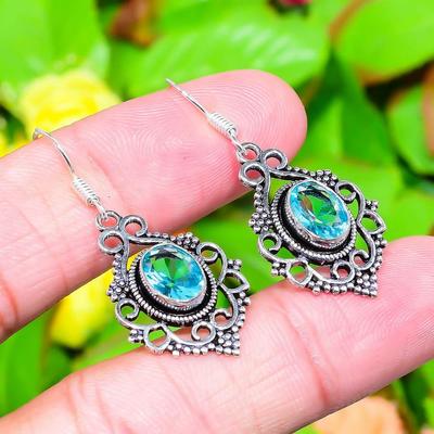 Doğal Mavi Topaz Değerli Taş El Yapımı 925 Ayar Gümüş Küpe 1.69" h3T99
