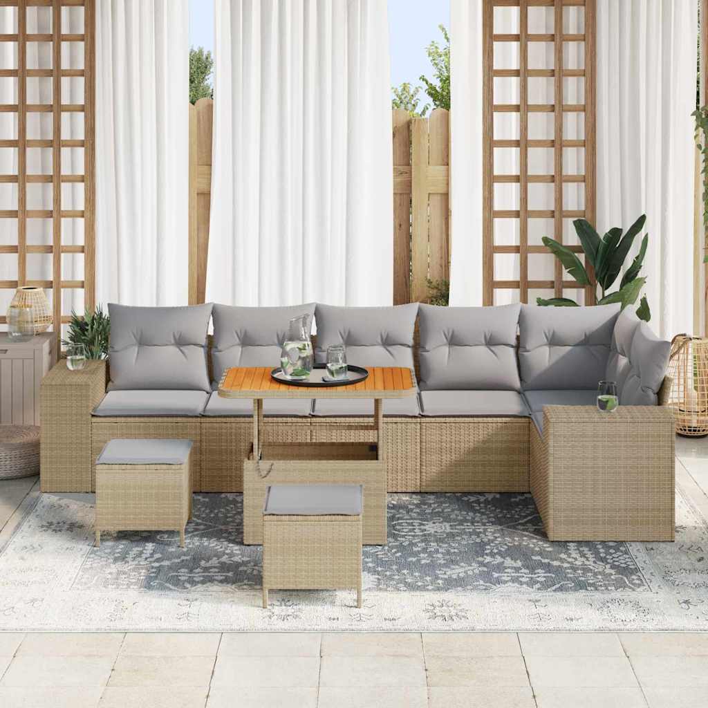 Garden Sofa Set with Cushions 9 Pcs Beige and Light Grey Poly Rattan