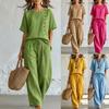 Damen Kurzarm-Oberteil mit Knopfleiste und Hose mit Kordelzug, Zweiteiler, Lässiges lockeres Outfit in Unifarbe