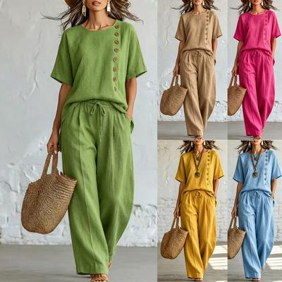 Dames Korte Mouw Knopen aan de Zijkant Top en Trekkoord Taille Broek Twee Delig Set Casual Losse Pasvorm Effen Kleur Outfit