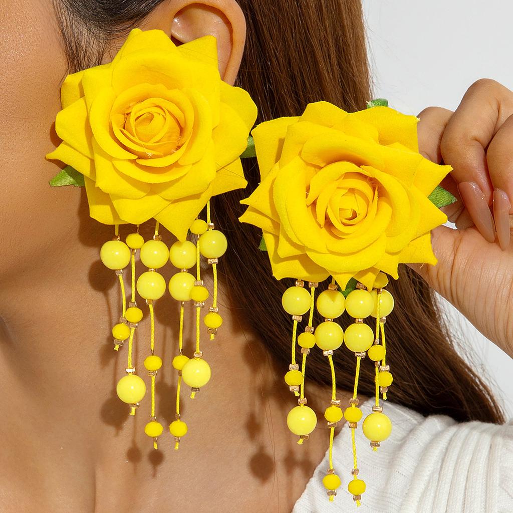 Accessories, colorful three-dimensional rose flower earrings, long fringed flower earrings with fresh fabrics