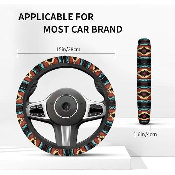 Steering Wheel Cover Ethnic Style Auto Wheel Cover Made of Coarse Flax, Fits 14 1/2-15 1/4 inches Car Wheel - Retro Red Westen Tribe