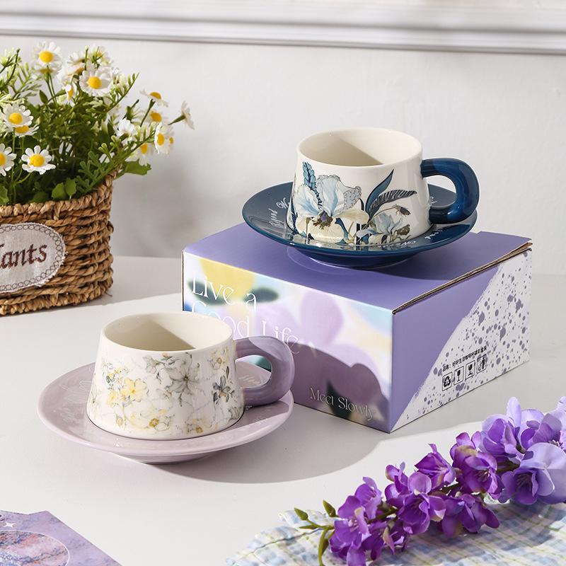 Iris High Value Ceramic Cup and Saucer for Teachers Souvenirs Purple Floral Coffee Cup Saucer and Saucer Holiday Gift