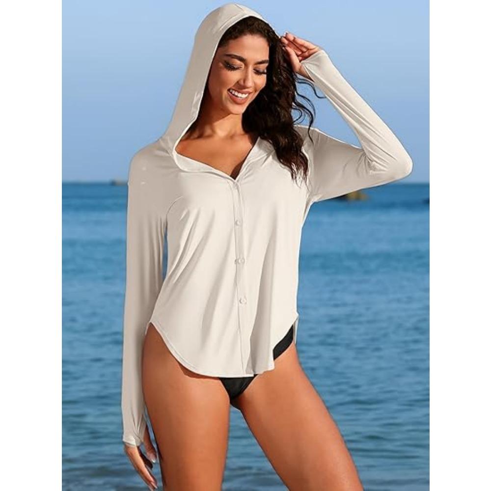 CHARMLEAKS Women Rash Guard UPF 50+ Sun Protection Clothing Button Down SPF Hoodie Beach Shirts