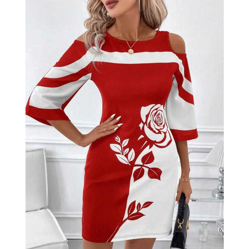 YYFS Women's Fashion Summer Spring Flower Pattern Print 1/2 Sleeves O-Neck High Waist Casual Dresses