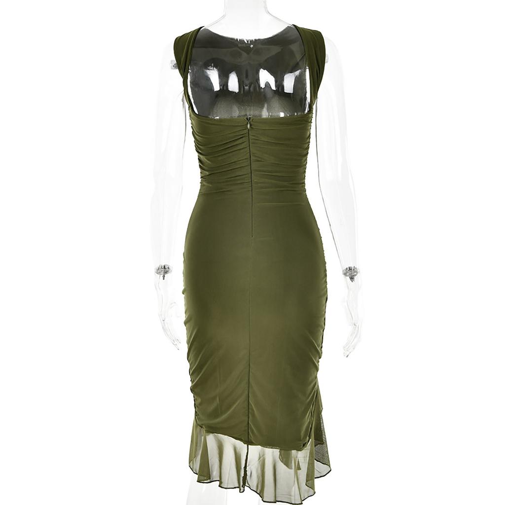 Ladies Sexy Tight Open Back Pleated Midi Dress Sleeveless Irregular Hem Dress Slim Dress
