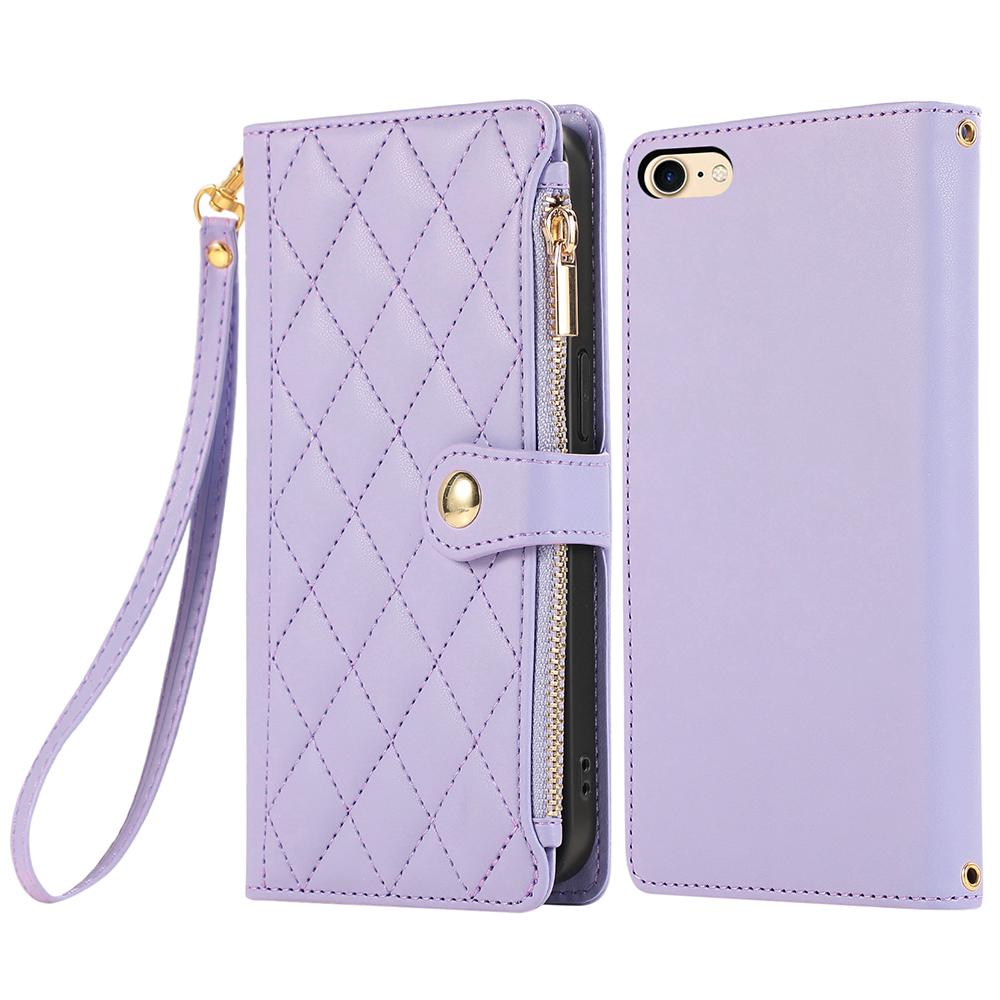 For iPhone 16e Case Multi Card Slots Zipper Rhombus Leather Phone Cover with Wrist Strap