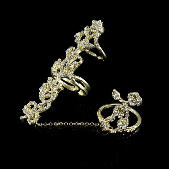 Shining Decorative Double Finger Rings Full Rhinestone Rose Flower Chain Link Rings Jewelry Gift