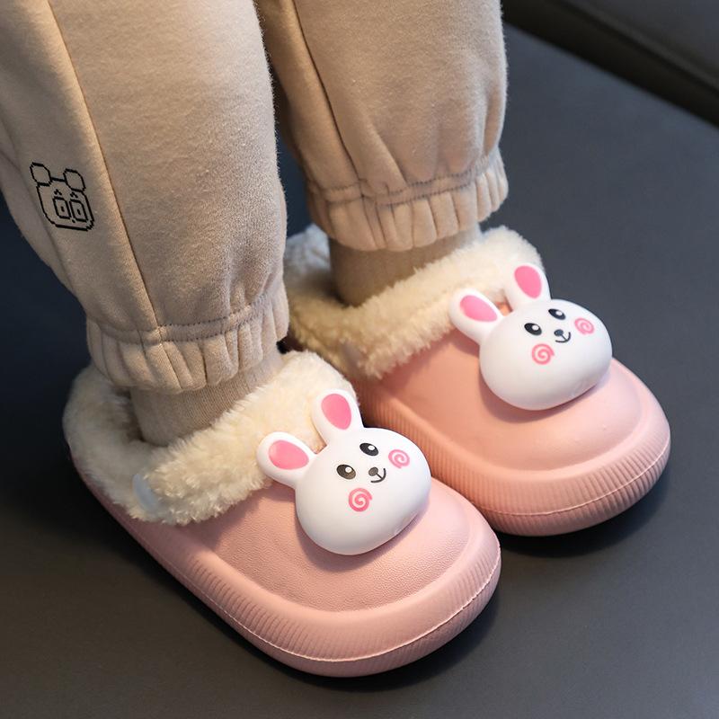 Baumwoll-Hasenpantoffeln für Kinder für drinnen, warme Plüschpantoffeln für Mädchen, niedliche, rutschfeste, wasserdichte Schuhe für den Heimgebrauch im Winter