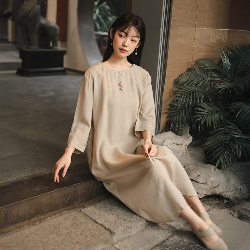 Johnature Women Vintage Dresses O-Neck Seven Sleeve Embroidery Floral Cloths 2025 Spring A-Line Dress