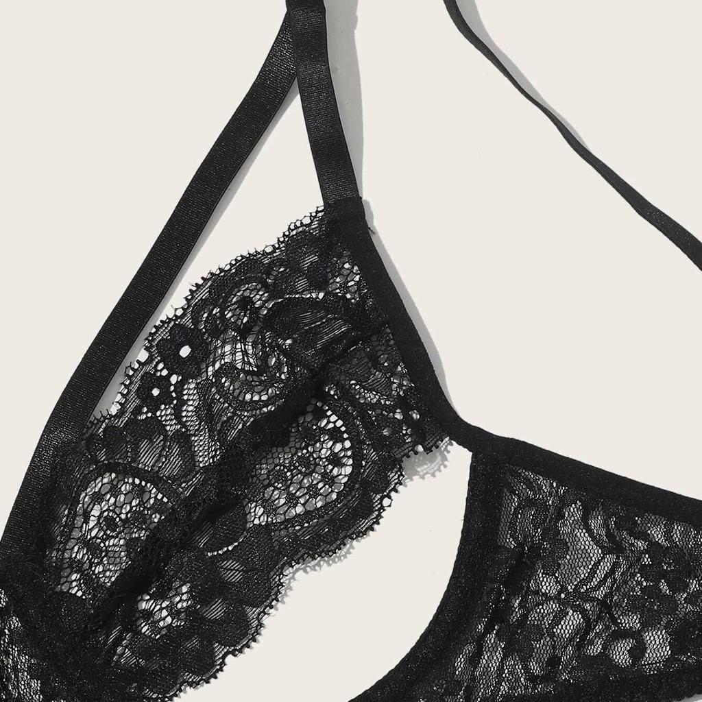 Nytt Kvinner Plus Size Blondeundertøy BH+Thong Undertøysett Svart natttøy