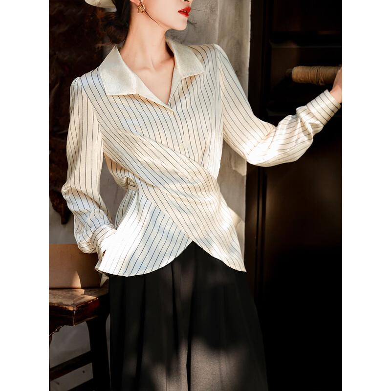 Lanser 2026 Spring Striped Lapel Waist-Tie Shirt