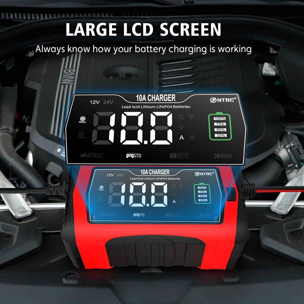 12V 24V 10A Automatické nabíjanie pre lítiové LiFePO4 AGM GEL olovené batérie Nabíjačka pre motocykle 7-stupňová nabíjačka autobatérií