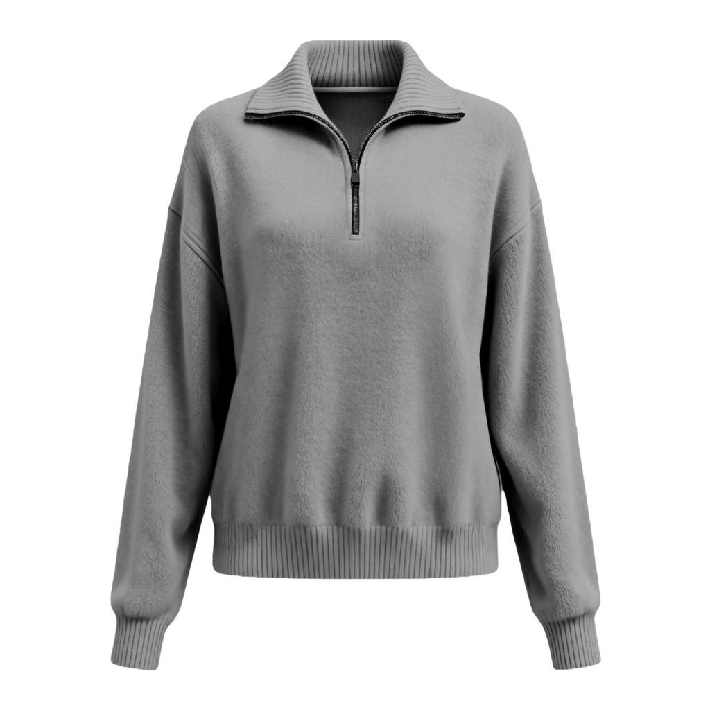 2025 Autumn/Winter High Neck Loose Solid Color Pullover Zipper Knit Sweater