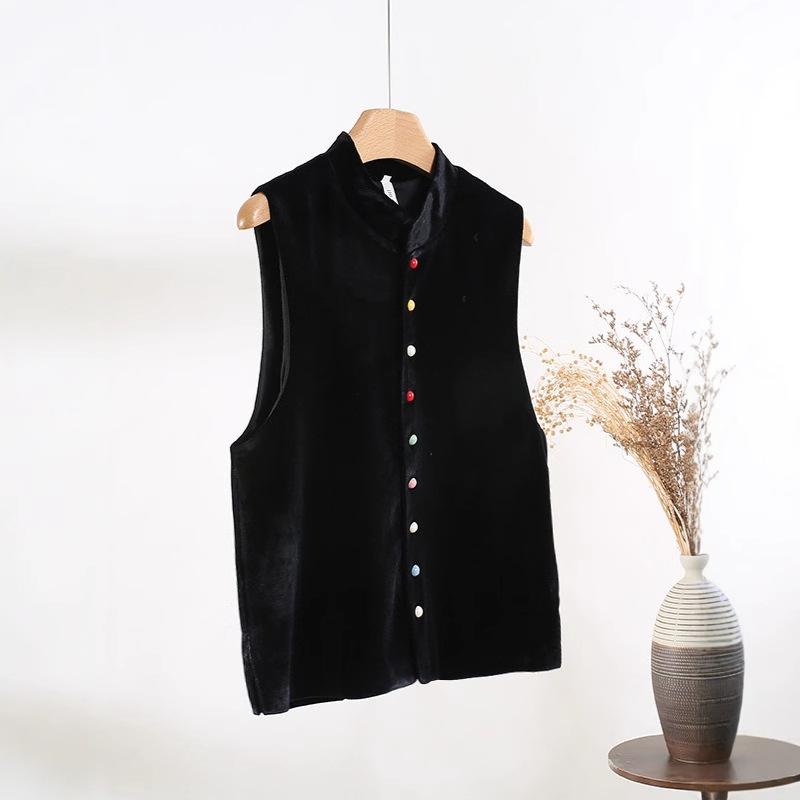 Golden velvet vest vest women's stand-up collar color buckle high-end sleeveless top