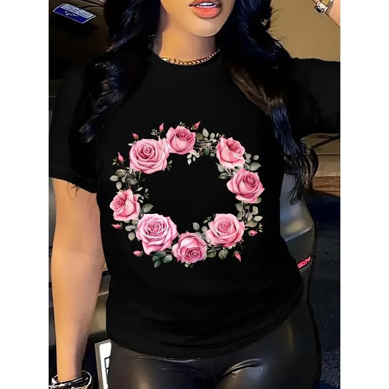 Women Floral Rose Print T-Shirt Round Neck All-Season Casual Breathable Comfortable Daily Top