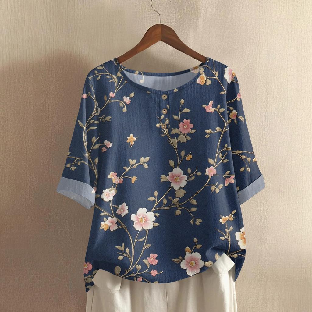 Dámská módní a ležérní košile s polovičními rukávy, kulatým výstřihem, potiskem, bavlněnou a lněnou halenkou