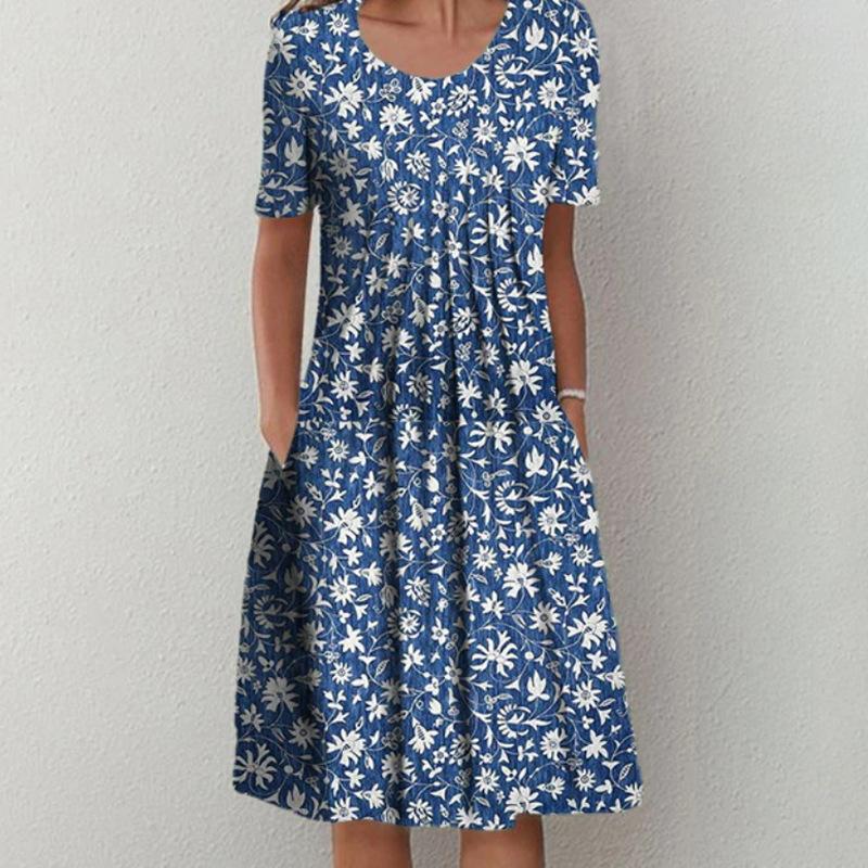 Spring and Summer Floral Print Crew Neck Pocket Women's Fashion Casual Crew Neck Trend Print Medium and Long Dress