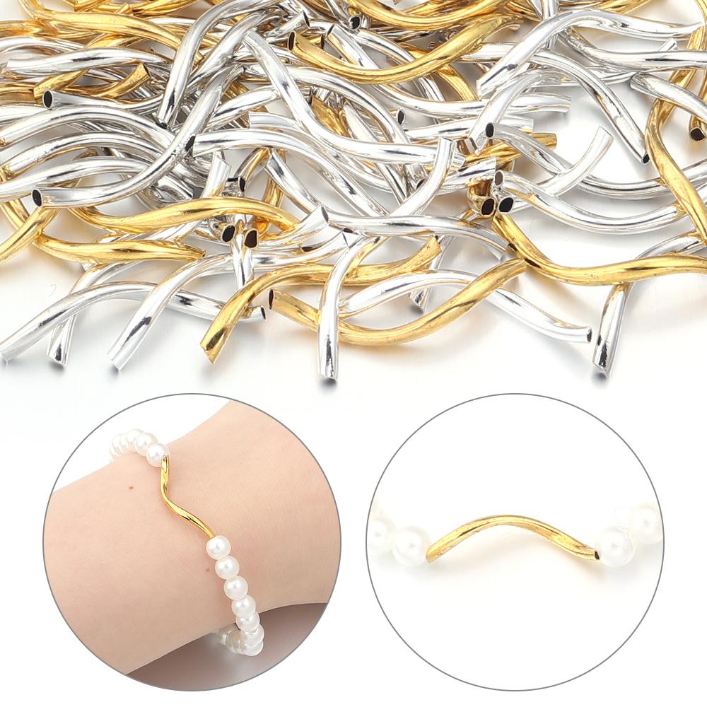 50pcs/lot 2x25mm Copper Curved Tube Metal Spacer Beads Crimp End Connectors For Jewelry Making DIY Bracelet Necklace Accessories
