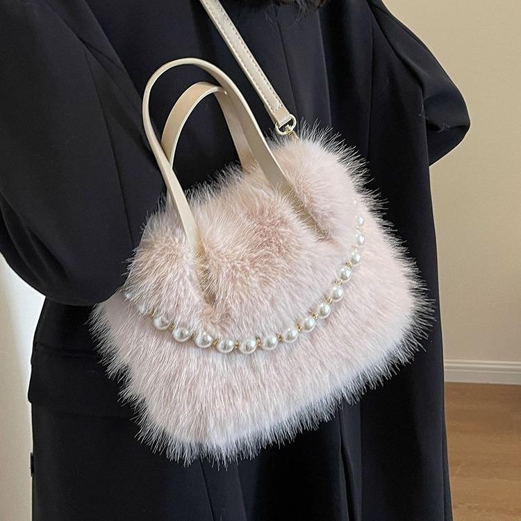 Furry Portable Small Bag Fashion Pearl Furry Small Square Bag Autumn And Winter Texture Women'S Messenger Bag