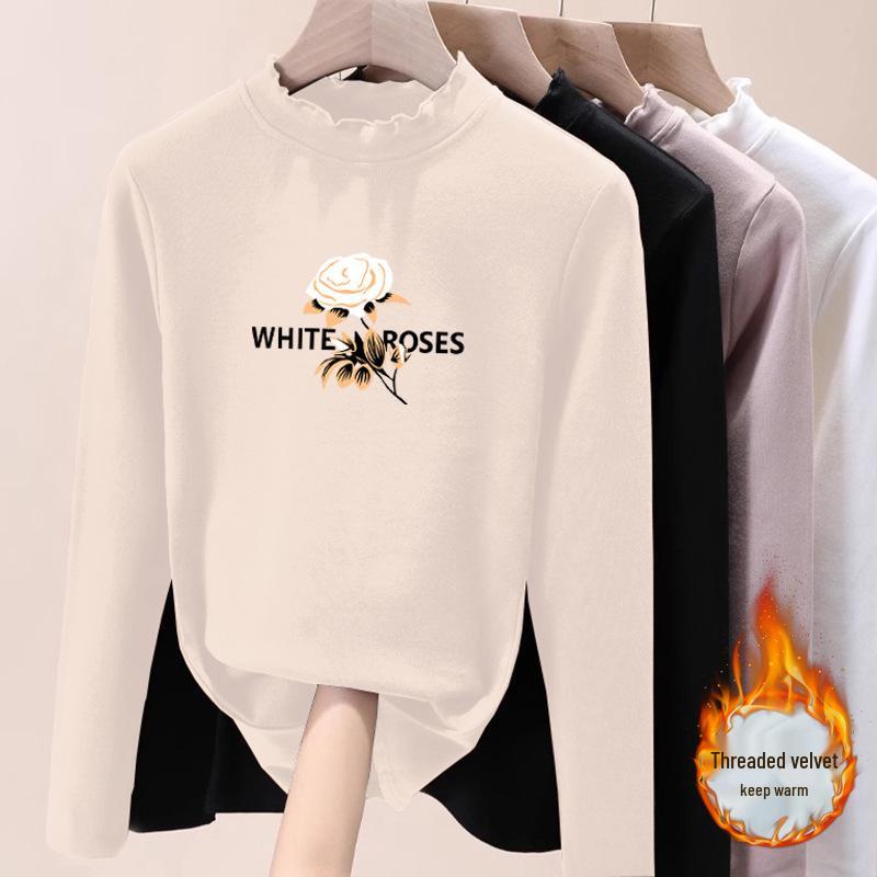 De Velvet Women's High Neck Fleece Base Layer, Plus Size Long Sleeve, Printed, Thick & Warm Top for 2025 Autumn/Winter.