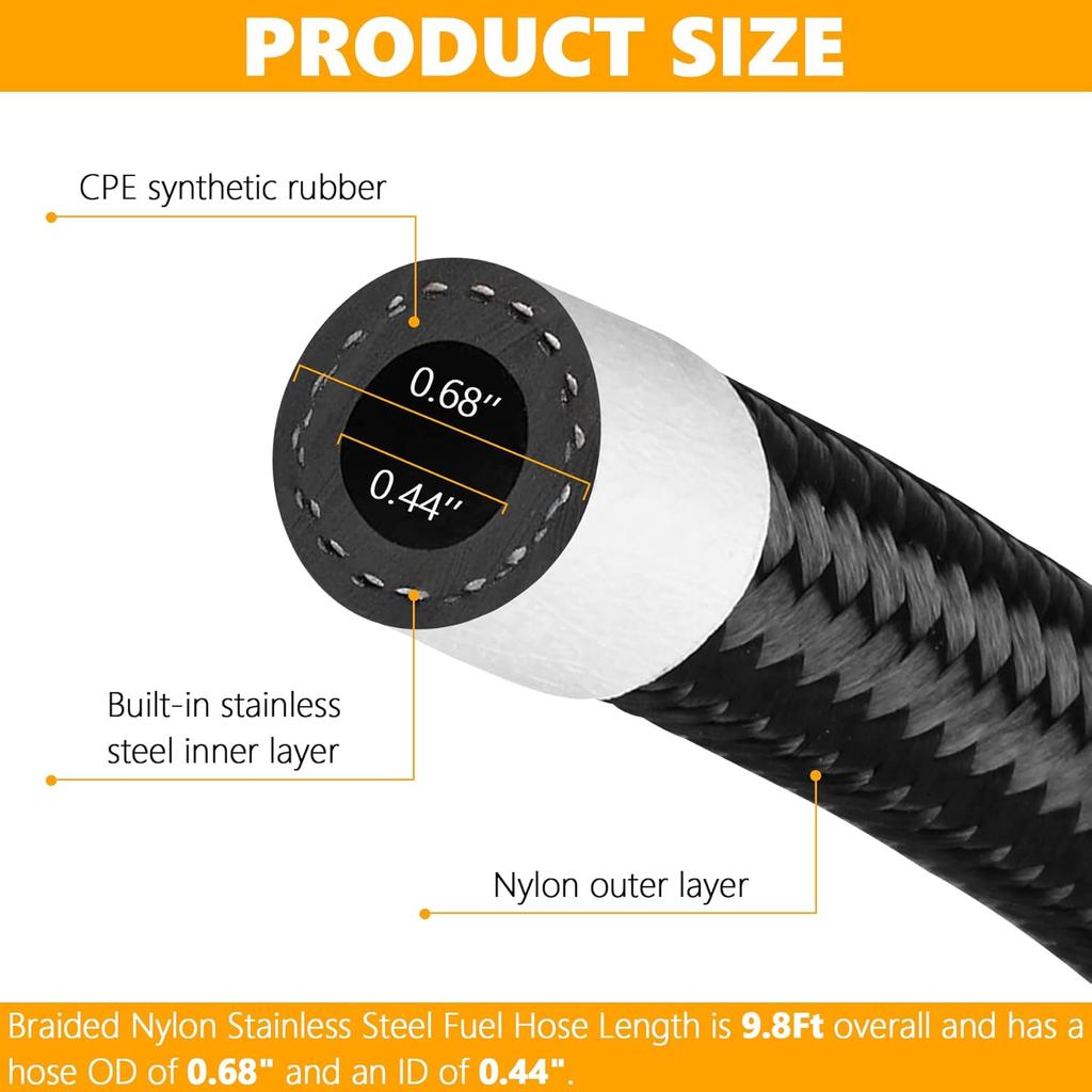8AN 10 Ft Fuel Line Hose Stainless Steel Nylon Braided Oil Gas Fuel Line Hose 7/16 Inch ide Diameter Suitable for Fuel Systems Engines Tube Hose -