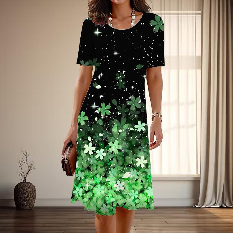 

Женская мода изящный принт вишневого цвета лето весна короткий рукав О-образный вырез повседневные платья 2XL зелёный