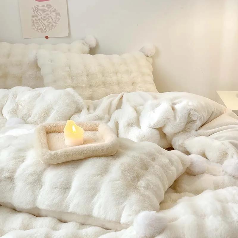 Tuscan Faux Fur Warm Fluffy Bedding Set for Winter Skin Friendly Warmth Plush Duvet Cover Set Queen Thickend Blanket Cover Sets