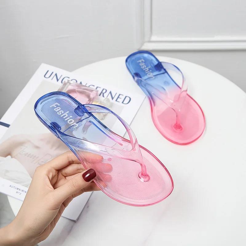 Fashion Women Flip Flops Beach Slippers PVC Transparent Clear Crystal Casual Sandals Summer Bathing Indoor Outdoor Flat Slide Jelly Shoe