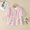 ZANZEA Women Lace Splice Turn Down Collar Casual Short Sleeve Print Blouse