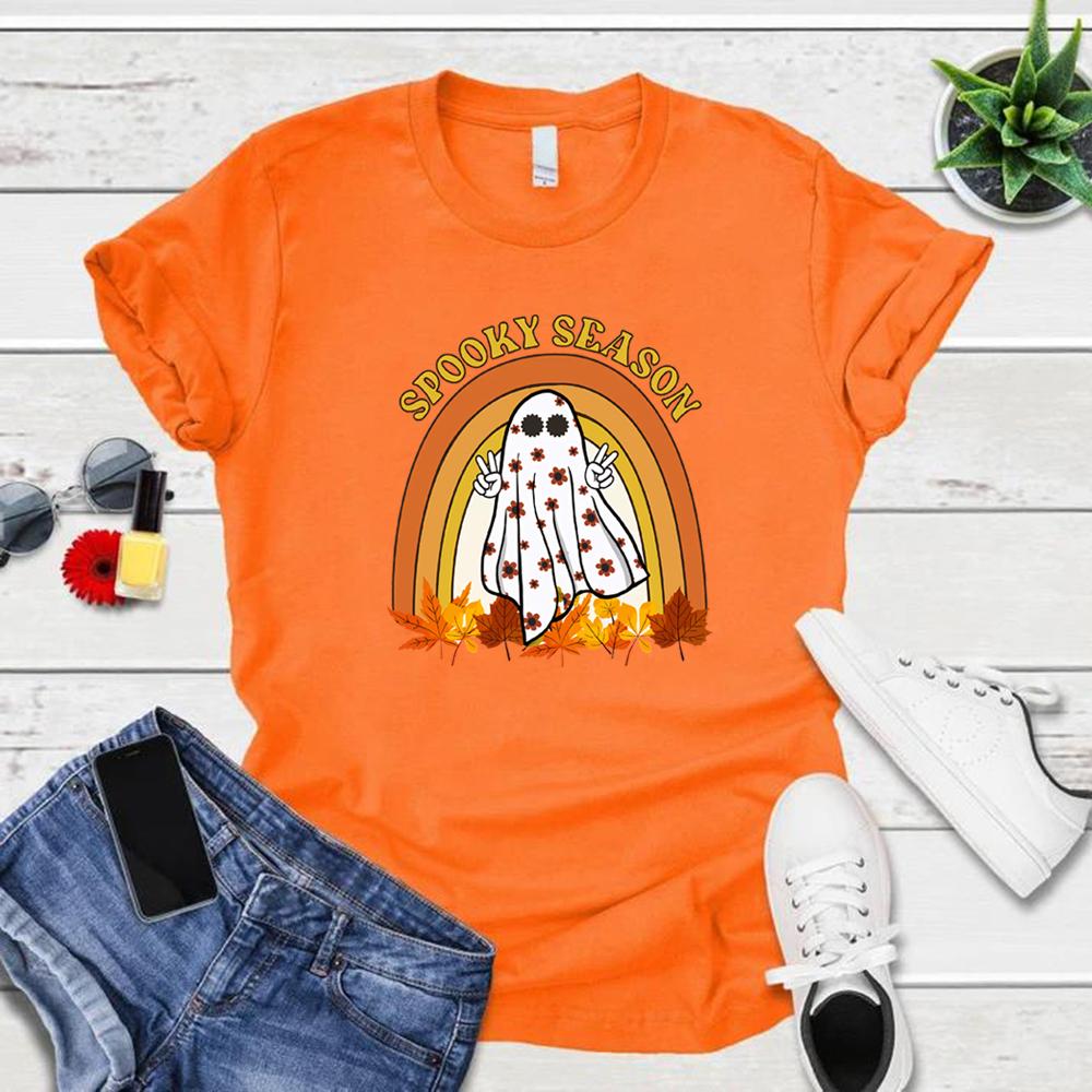 

Retro Halloween Tshirt Spooky Season TShirts Cute Ghost T Shirt Fall Rainbow Tshirts Halloween Womens T Shirt Graphic Tees 4XL