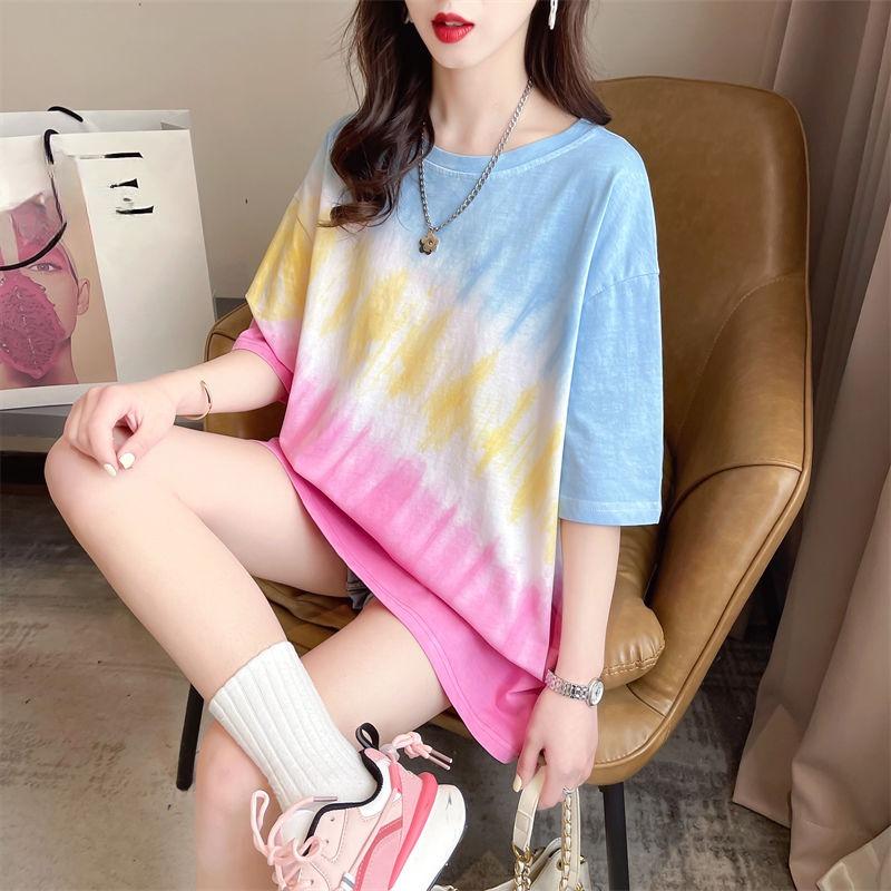 Color Blocking Medium Long Women's T-shirt Korean Lazy Style Tops Loose Casual Versatile Ladies Short Sleeved