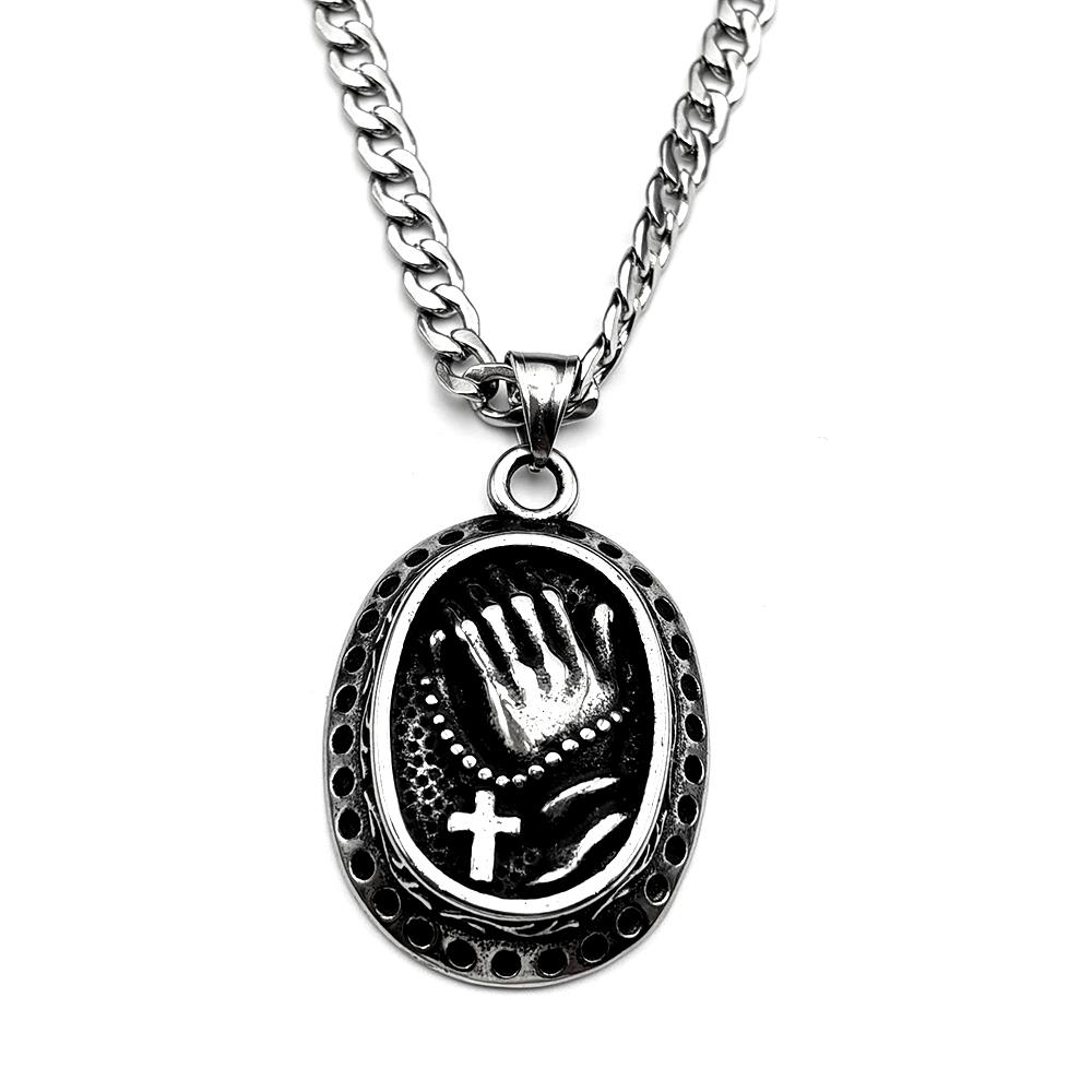 Praying Hands Rosary Cross Oval Pendant Necklaces for Women Men 316L Stainless Steel Silver Color Catholic Amulet Chain Jewelry