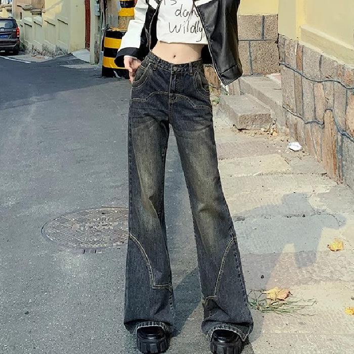 

Cement Grey Retro Wide-Leg Micro Flare High-Waist Jeans for Women - Trendy Slimming Loose Fit, Spring/Autumn 2XL