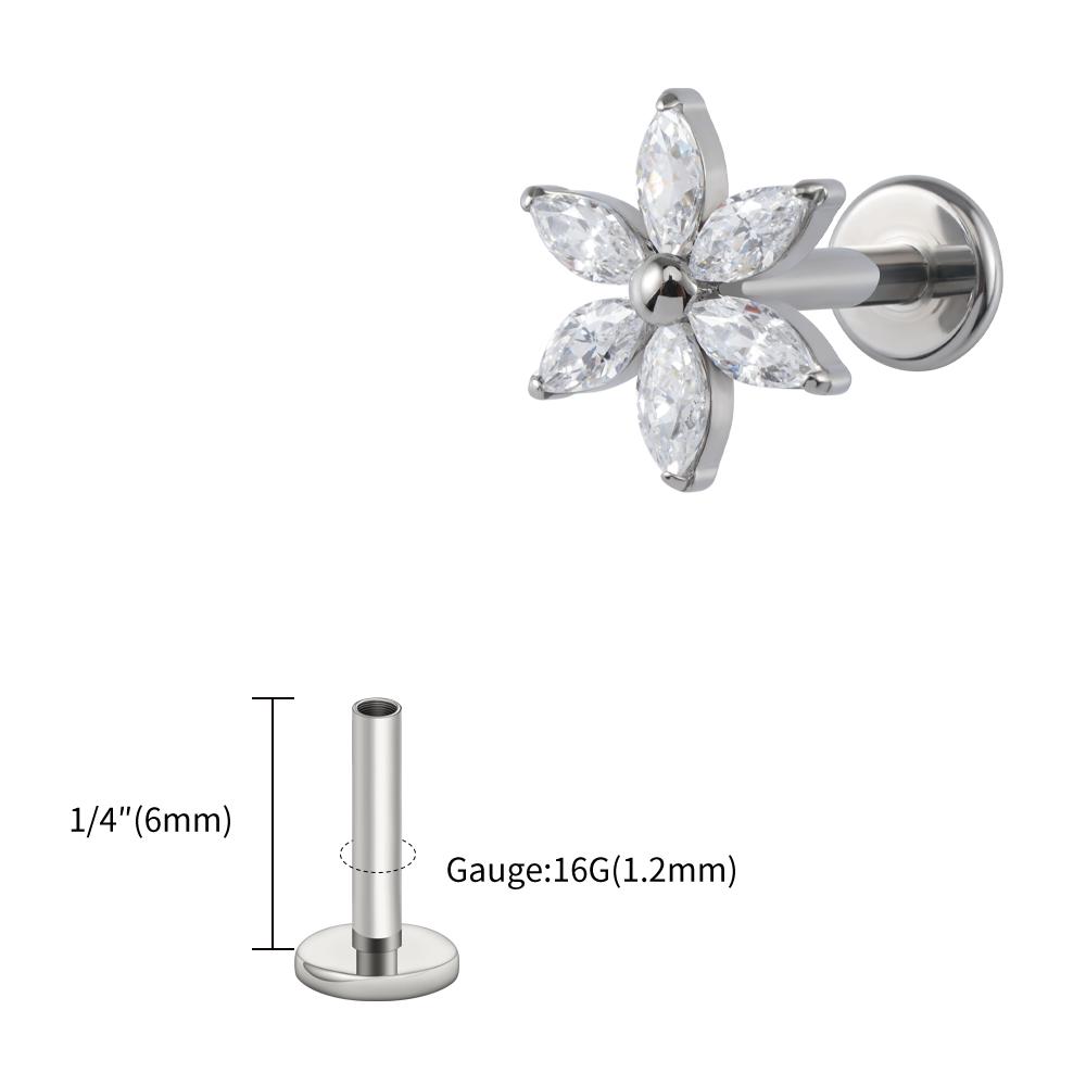 Right Grand ASTM F136 Titanium 16G Marquise Flower CZ Labret Stud Helix Conch Cartilage Tragus Flat Back Piercing Body Jewelry
