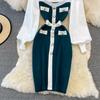 Retro Hepburn Style Waist Waist Square Collar Ladies Temperament Black and White Patchwork Buttock Knitted Dress