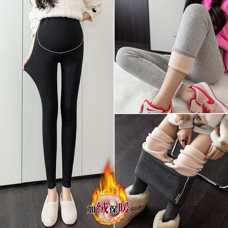 Real shot new maternity pants winter velvet outer wear fashion leggings autumn and winter thickened elastic warm elastic high waist