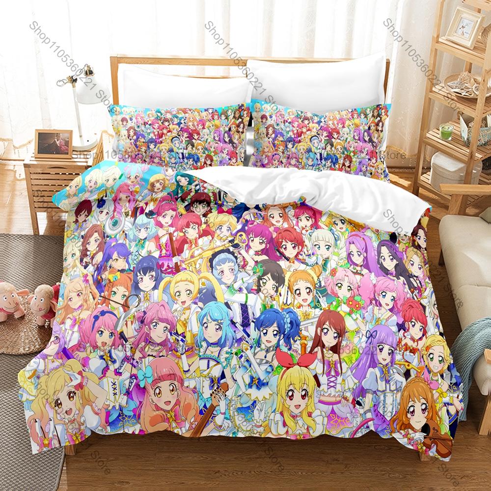 Aikatsu! Anime Bedding Set 3PCS Soft Microfiber Duvet Cover Pillowcases Cute Idol Printed Bed Set for Kids Girls Bedroom Decor