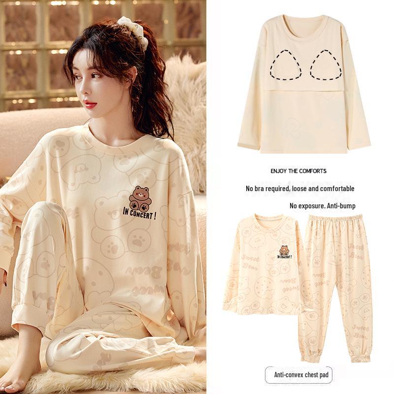 Women's Cartoon Long-Sleeve Pajamas with Chest Pads - Lightweight Home Loungewear for Autumn and Spring