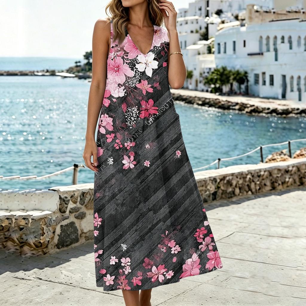 Women's Sleeveless U Neck Midi Dress with Pockets and Side Slits Cotton Linen Floral Print Casual Loose Fit Vest Dress