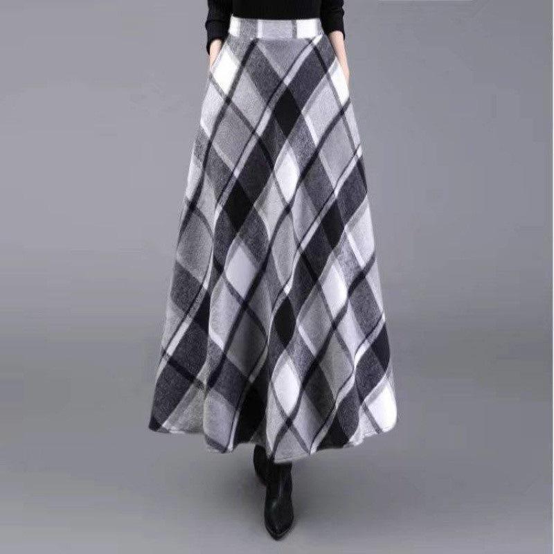 Fustă lungă retro cu carouri, pentru toamnă-iarnă, cu tiv de umbrelă, pentru siluetă pară
