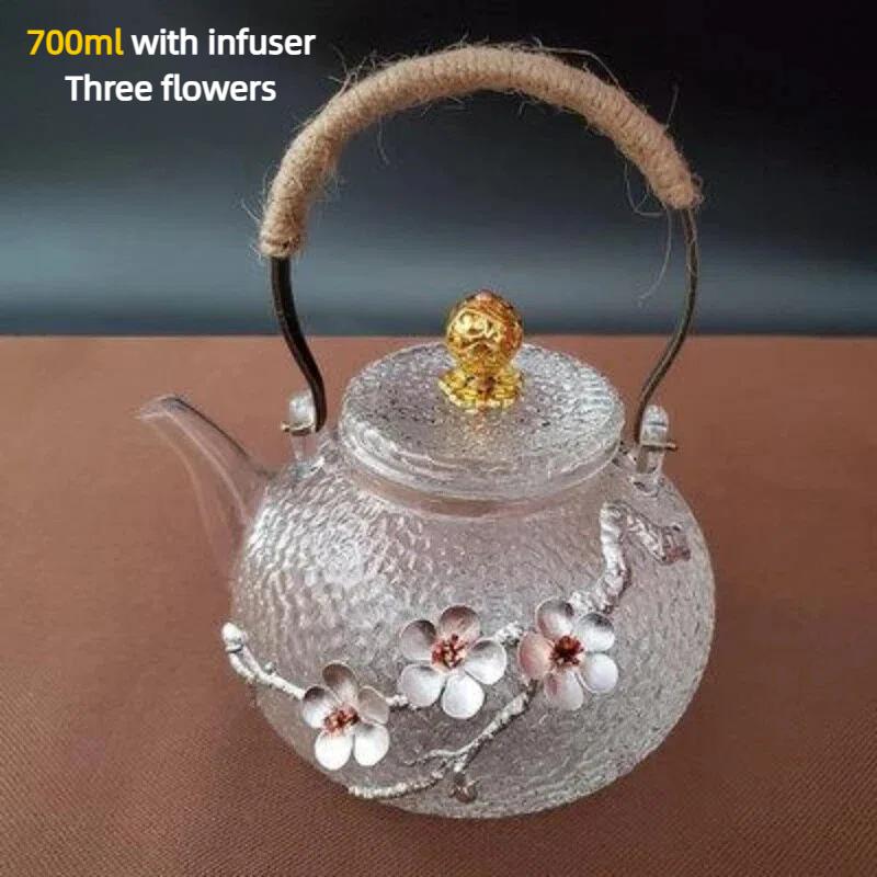 

Чайник из термостойкого стекла ручной работы в китайском стиле с дизайном цветущей сливы – Жаропрочный чайник для цветочного чая с верхней ручкой 700ML-Three Flowers