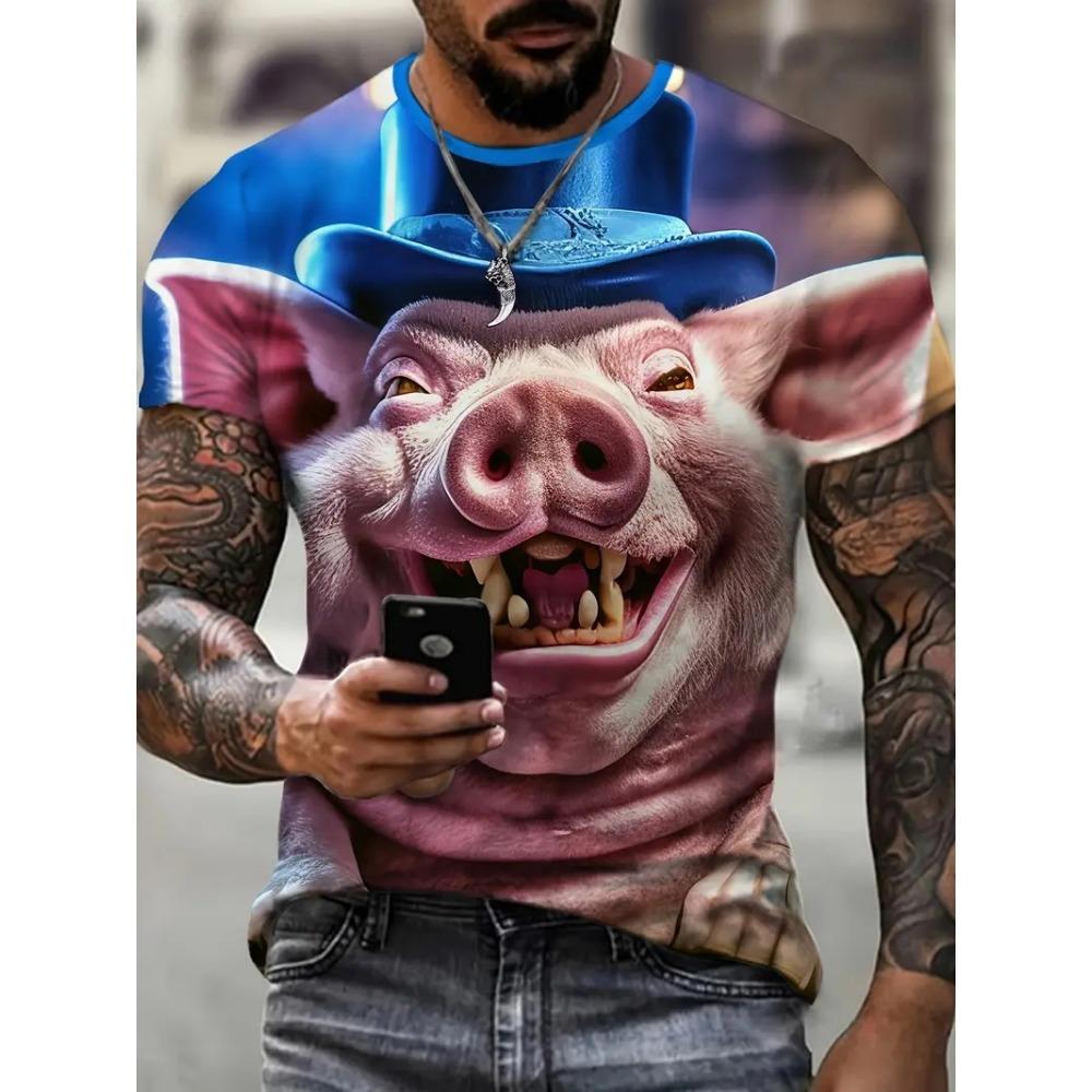 Full Print Men's Funny Pig Graphic T-Shirt Clothes Summer Short Sleeve Round Neck Casual T Shirts Top Men Novelty Animal Tshirts