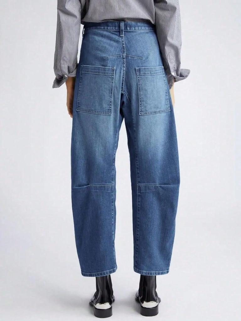 Jeans a Vita Alta Larghi a Barile da Donna Boyfriend Gamba Larga Corti in Denim