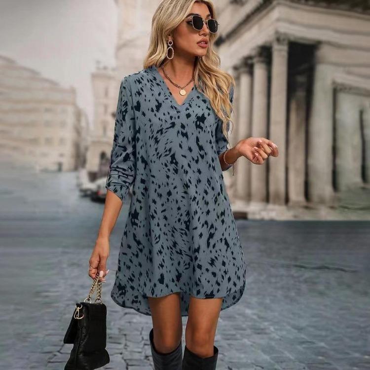 Women Leopard Print Long Sleeve Standing Collar Dress Spring Summer Fashion