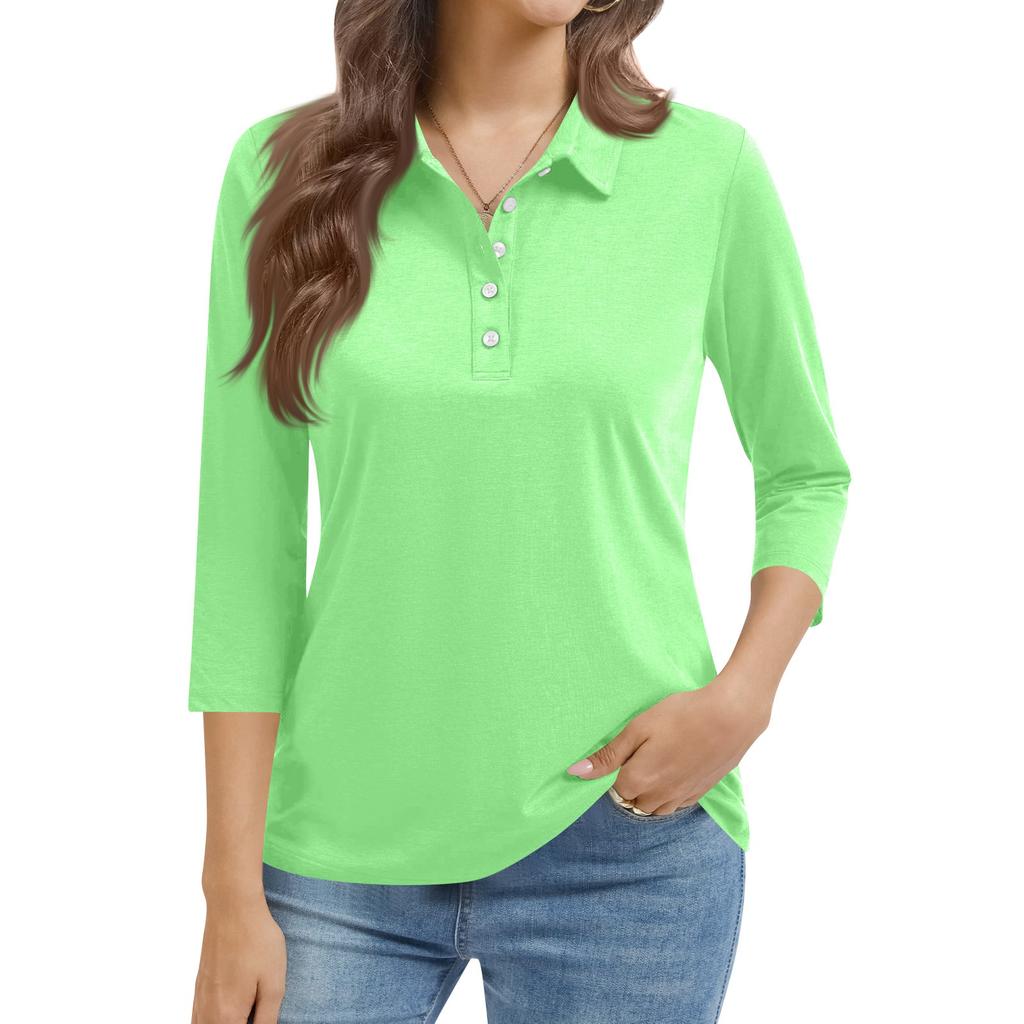 Women's Fashion Casual Lapel Short 3/4 Sleeve Color Shirt Women's Button Up Tops